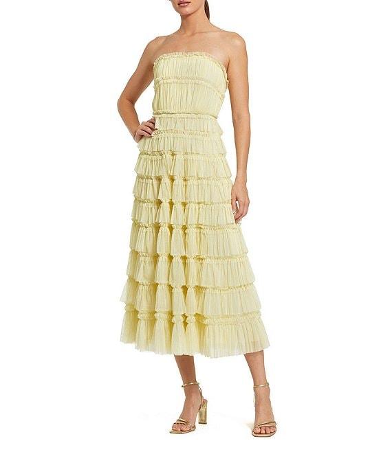 Mac Duggal Strapless Tiered Micro Ruffle Mesh A-Line Midi Dress Product Image