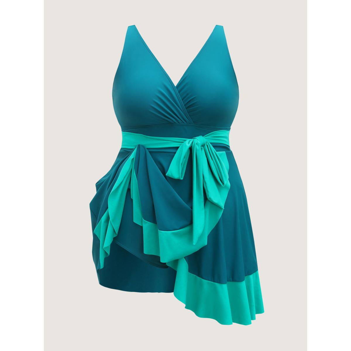 Plus Size Color Block Ruffled Hem Swim Dress Women's Swimwear Teal Beach Bodycon Overlap Collar High stretch Curve Swim Dresses BloomChic 10/M Product Image