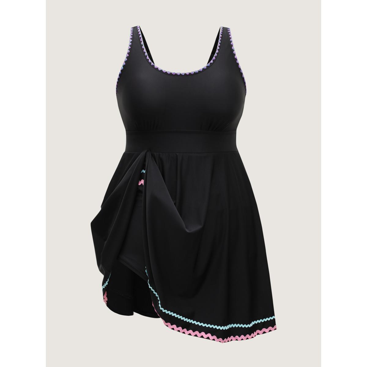 Plus Size Colorful Ribbon Shell Embroidery Swim Dress Women's Swimwear Black Beach Bodycon U-neck High stretch Curve Swim Dresses BloomChic 28/5X Product Image