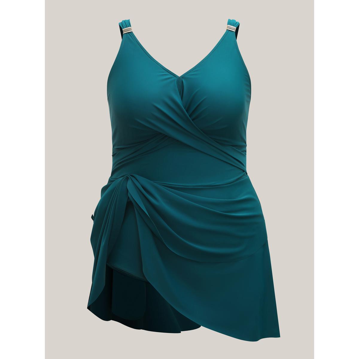 Plus Size Anti-Float Tie Twist Solid Swim Dress Women's Swimwear Teal Beach Bodycon V-neck High stretch Curve Swim Dresses BloomChic 14-16/1X Product Image