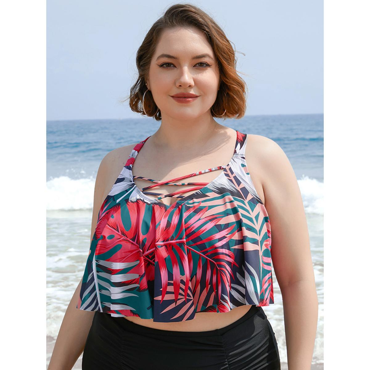 Plus Size Leaf Print Contrast Ruffle Crisscross Front Tankini Top Women's Swimwear Indigo Vacation Adjustable Straps High stretch Bodycon V-neck Curve Swim Tops BloomChic 28/5X Product Image