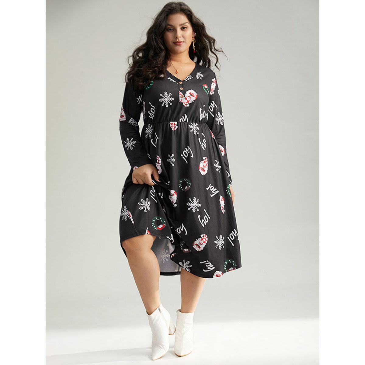 Plus Size Christmas Graphic Button Detail Dress Black Women Elegant Gathered V-neck Long Sleeve Curvy Midi Dress BloomChic 14-16/1X Product Image
