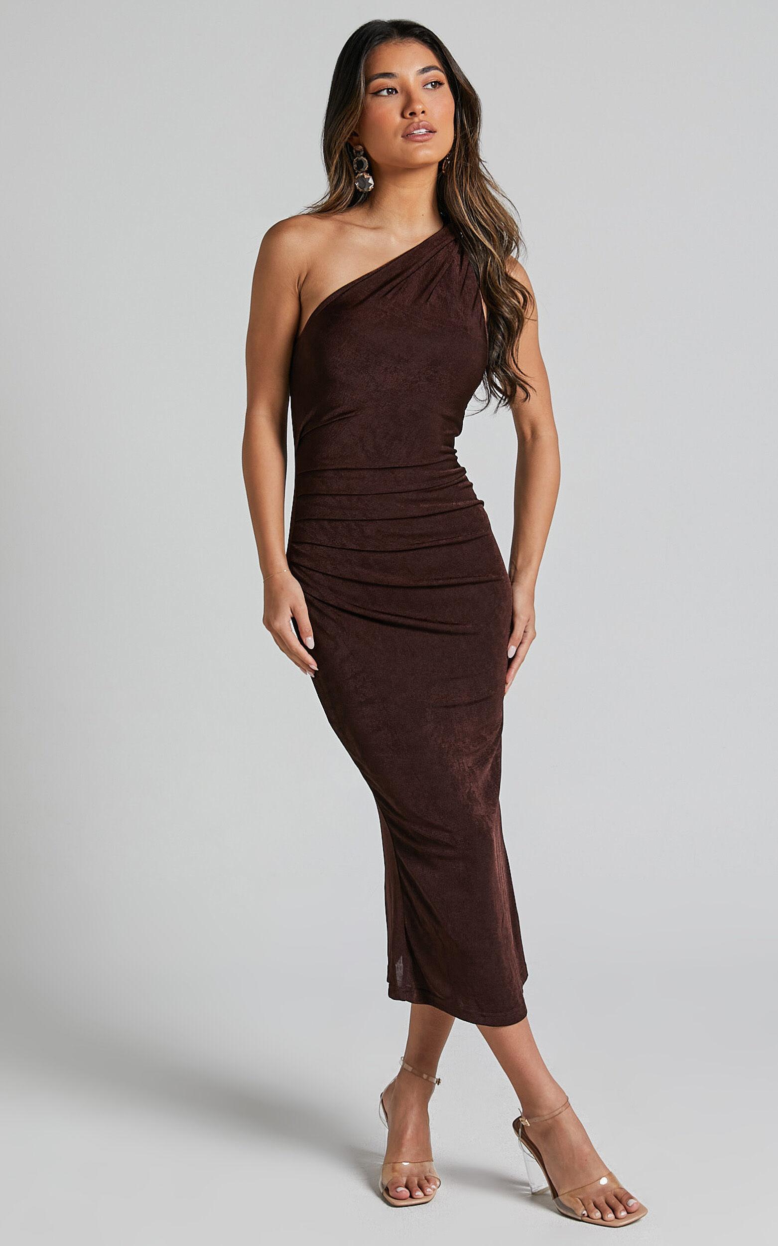 Arietty Midi Dress - One Shoulder Asymmetrical Ruched Dress in Chocolate Product Image