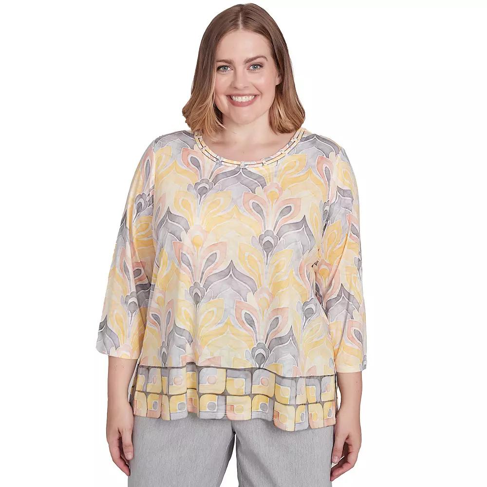 Plus Size Alfred Dunner Geometric Medallion Crewneck Top, Women's, Size: 2XL, Yellow Team Product Image