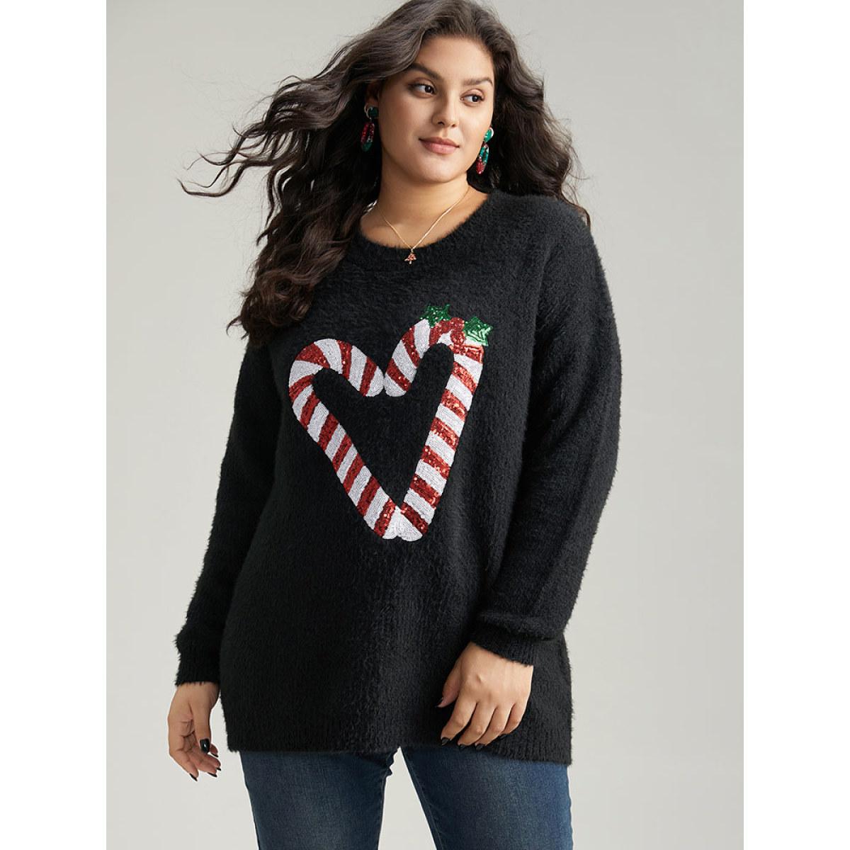 Plus Size Sequin Christmas Heart Graphic Pullover Black Women Casual Loose Long Sleeve Round Neck Festival-Christmas Pullovers BloomChic 12/L Product Image