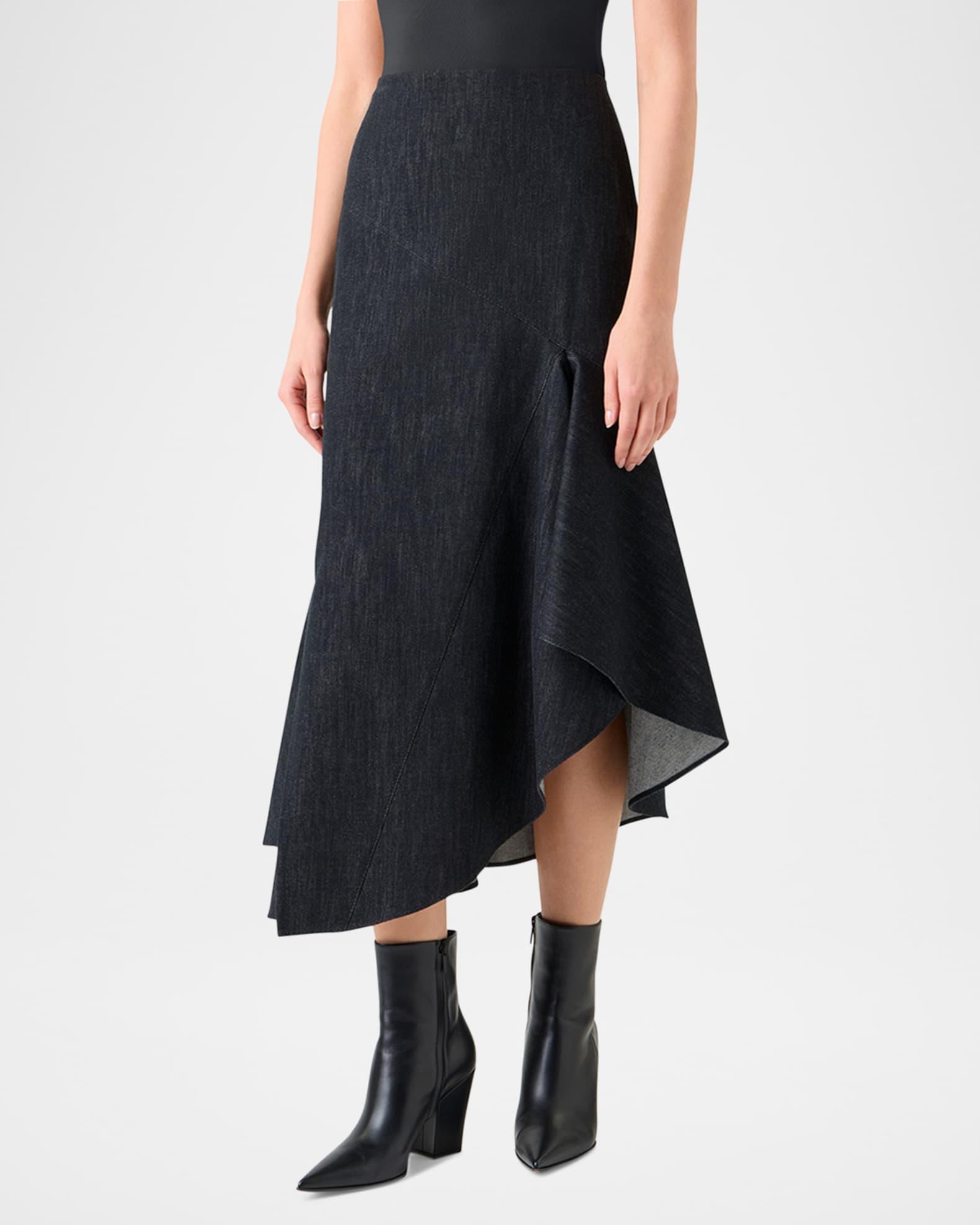 Asymmetric Flared-Hem Stretch Denim Midi Skirt Product Image