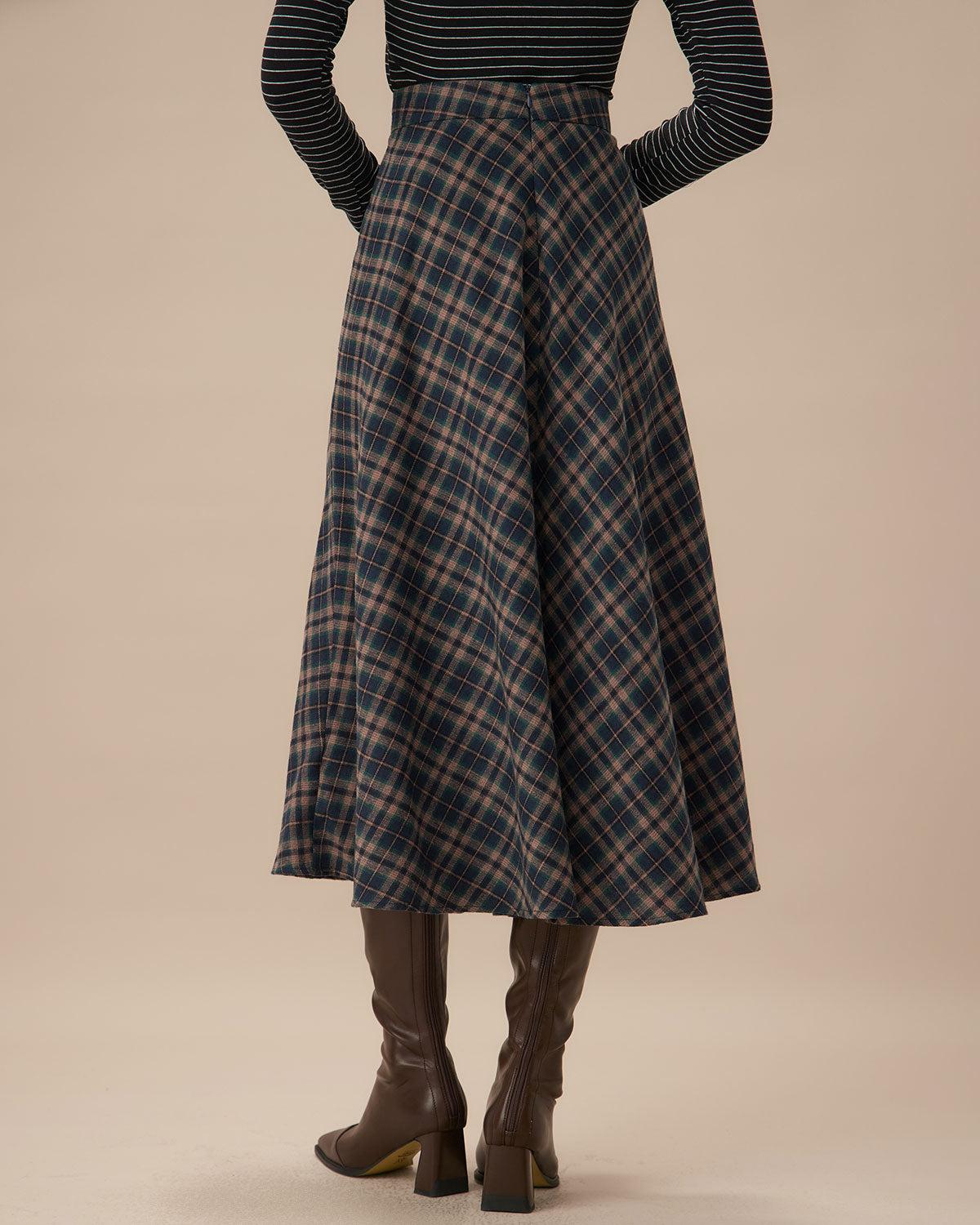 Navy Plaid Flared Midi Skirt Product Image