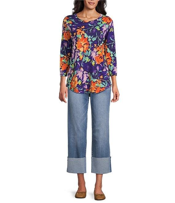 Westbound Petite Size Imperial Palace Floral Glow 3/4 Sleeve Crew Neck Knit Top Product Image