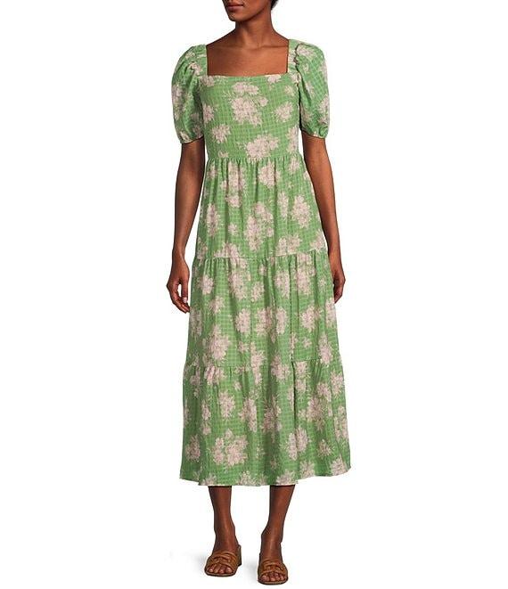 Sadie & Sage Rainy Days Textured Woven Floral Print Square Neck Short Sleeve Tie Back Tiered Maxi Dress Product Image