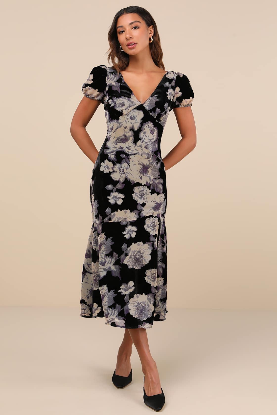 Real Lovely Black Floral Burnout Velvet Midi Dress Product Image