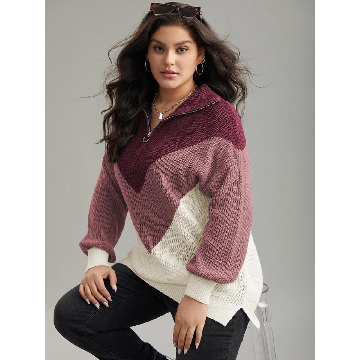 Plus Size Colorblock Patchwork Zipper Lapel Collar Pullover Burgundy Women Casual Long Sleeve Lapel Collar Everyday Pullovers BloomChic 14-16/1X Product Image