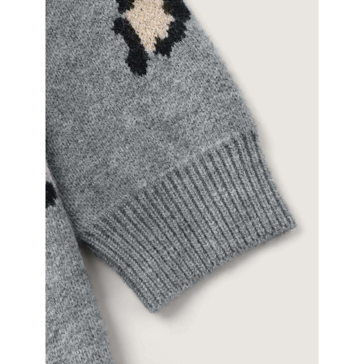 Plus Size Leopard Pattern Jacquard Ribbed Hem Pullover DarkGray Women Leisure Loose Long Sleeve Round Neck Casual Pullovers BloomChic 26/4X Product Image