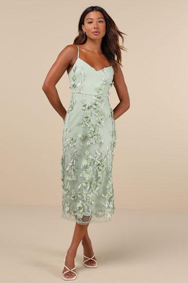 Limitless Adoration Sage Green 3D Floral Embroidered Midi Dress Product Image