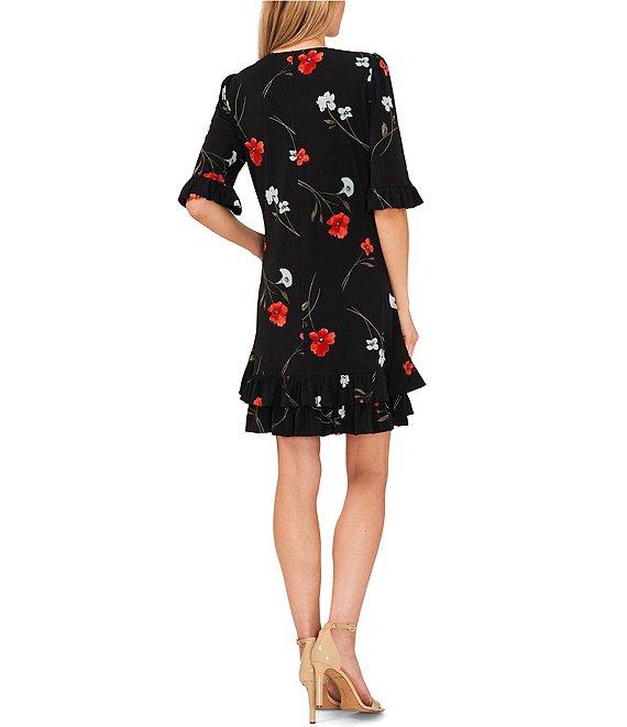 CeCe Crepe Knit Floral Print V-Neck Short Sleeve Ruffle A-Line Dress Product Image
