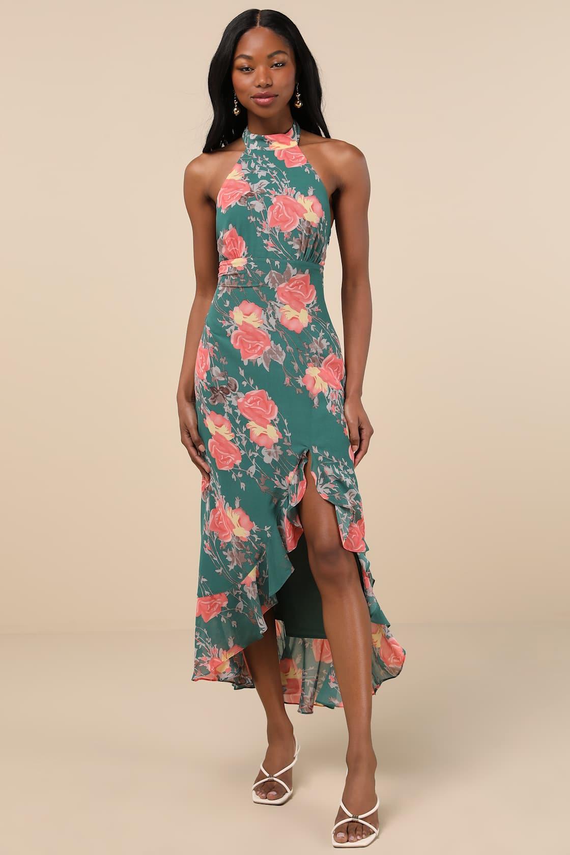 Elegant Entrance Teal Green Floral Print Halter Maxi Dress Product Image