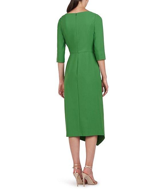 Kay Unger Stretch Crepe Asymmetrical Neckline 3/4 Sleeve Ruffle Front Midi Dress Product Image