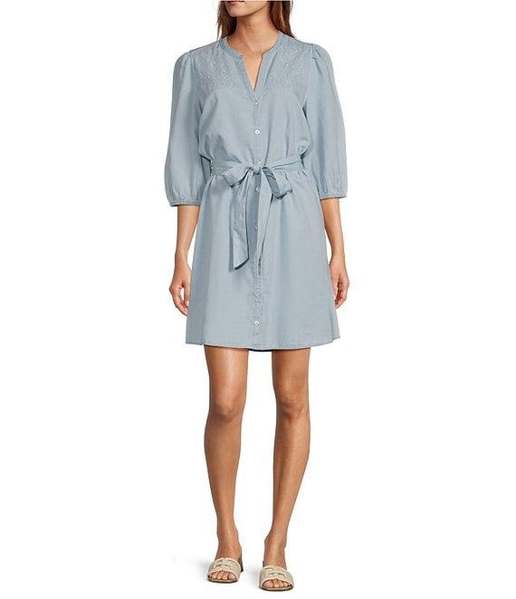 Sam Edelman Laine Banded Split V-Neck 3/4 Sleeve Tie Belt A-Line Dress Product Image