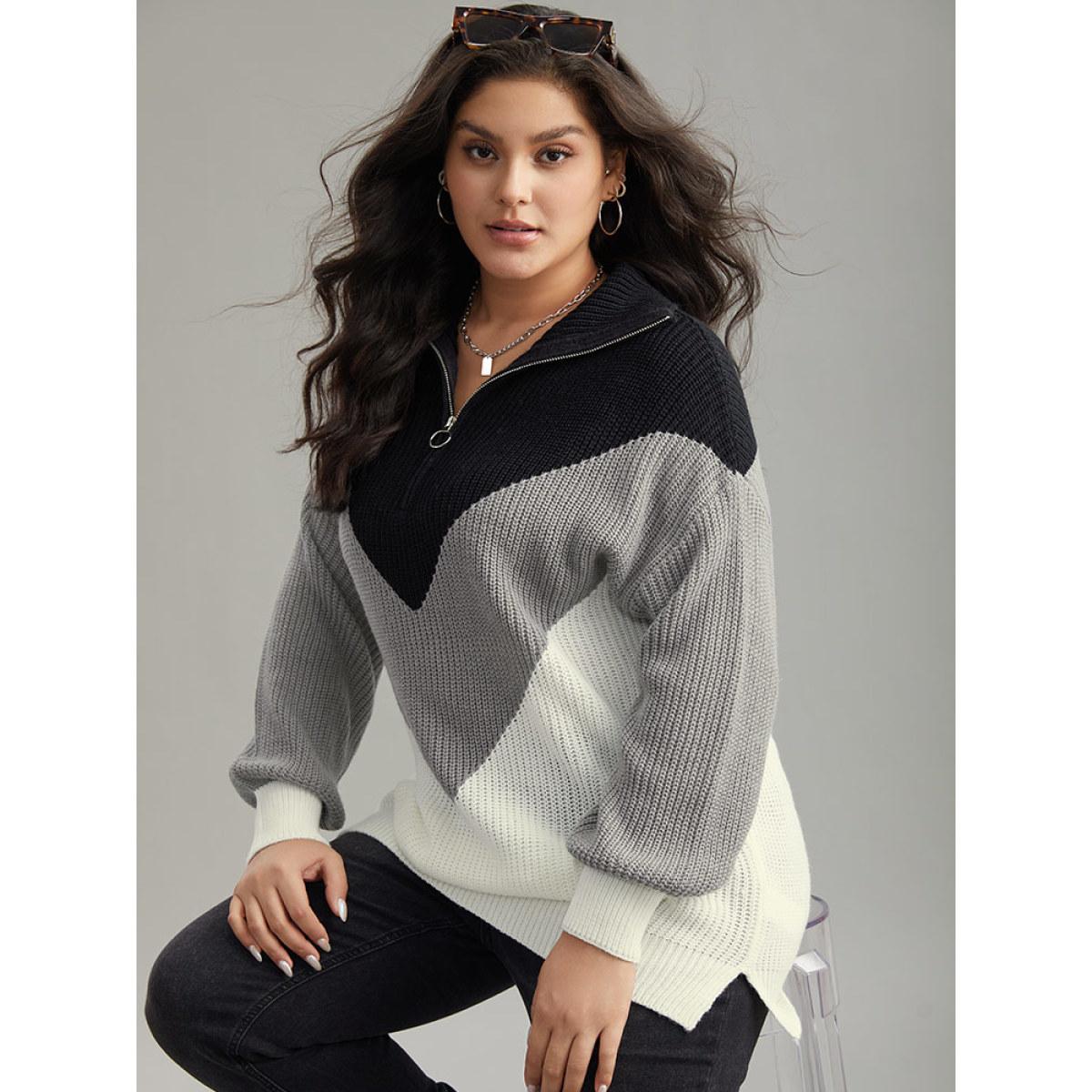 Plus Size Colorblock Patchwork Zipper Lapel Collar Pullover Multicolor Women Casual Long Sleeve Lapel Collar Everyday Pullovers BloomChic 30/6X Product Image