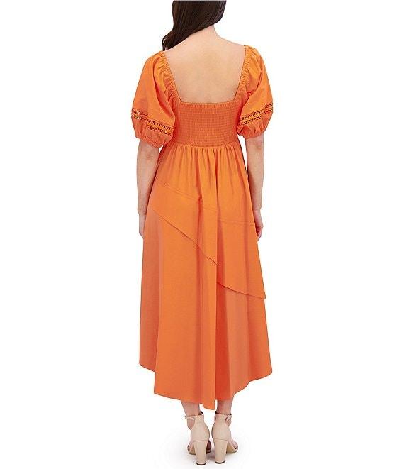 SIENA Sweetheart Neck Short Sleeve Ruched Stretch Woven Smocked Back Midi Dress Product Image