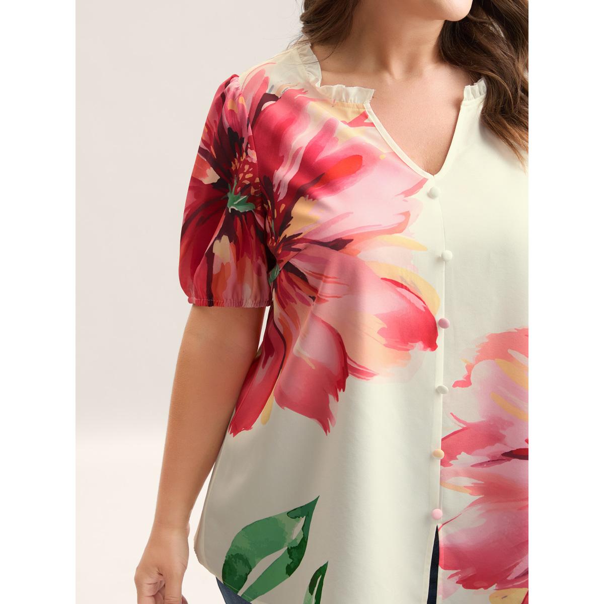 Plus Size Multicolor Floral Paradise Notched Collar Button Blouse Women Half Sleeve Notched collar Everyday-Elegant Blouses BloomChic 12/L Product Image