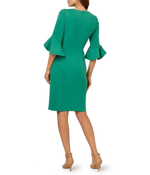Adrianna Papell V-Neck 3/4 Ruffle Bell Sleeve Ruched Scuba Sheath Dress Product Image