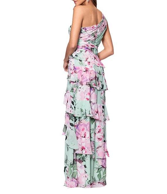 Xscape Chiffon Floral Print One Shoulder Neck Sleeveless Ruffle Gown Product Image