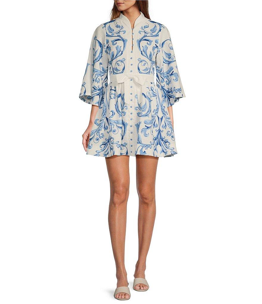 Mestiza New York Carmen Floral Print Mandarin Collar 3/4 Full Sleeve Tie-Waist Mini A-Line Dress Product Image