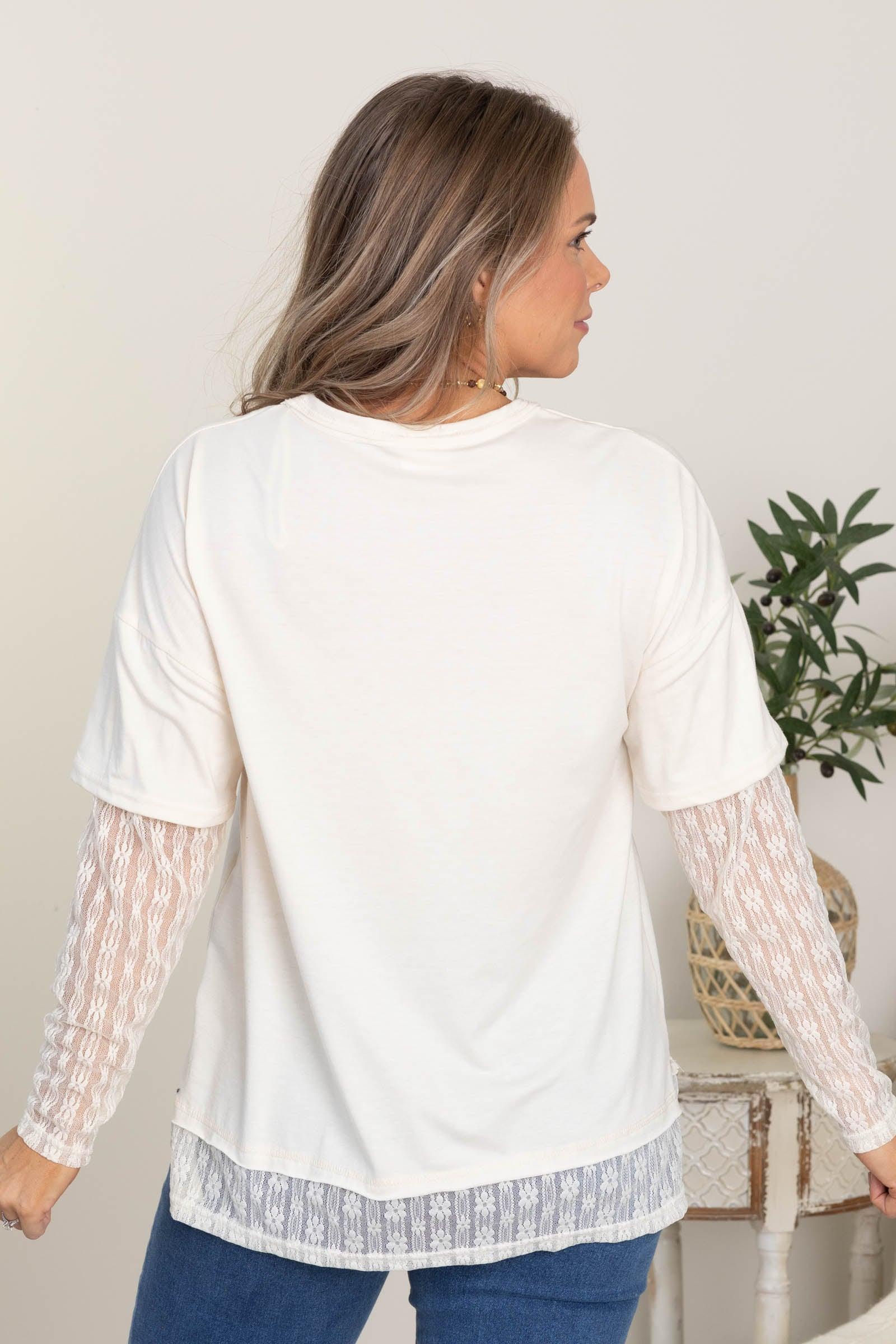 Knit Top With Faux Layered Lace Sleeve Product Image