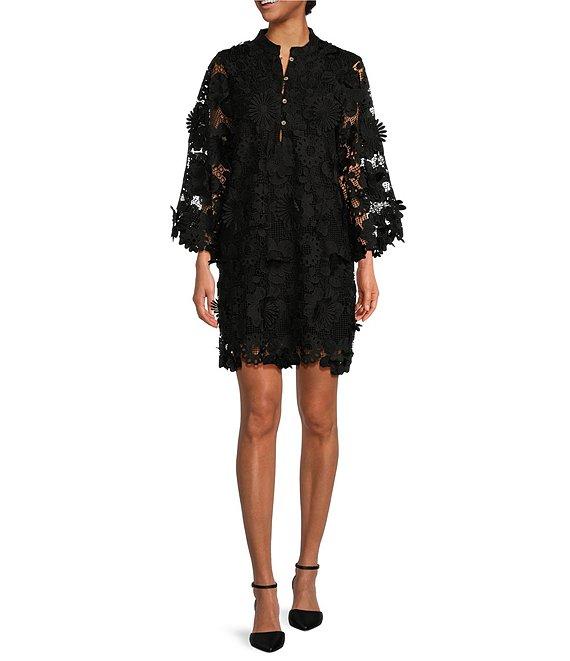 J.Marie Seraphina Floral 3D Lace Split Round Button Up Neck Long Sleeve Shift Dress Product Image