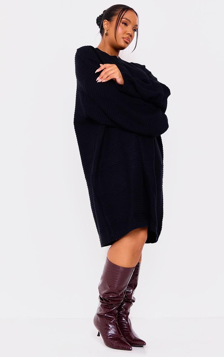 Plus Black Knitted High Neck Rib Sweater Dress Product Image