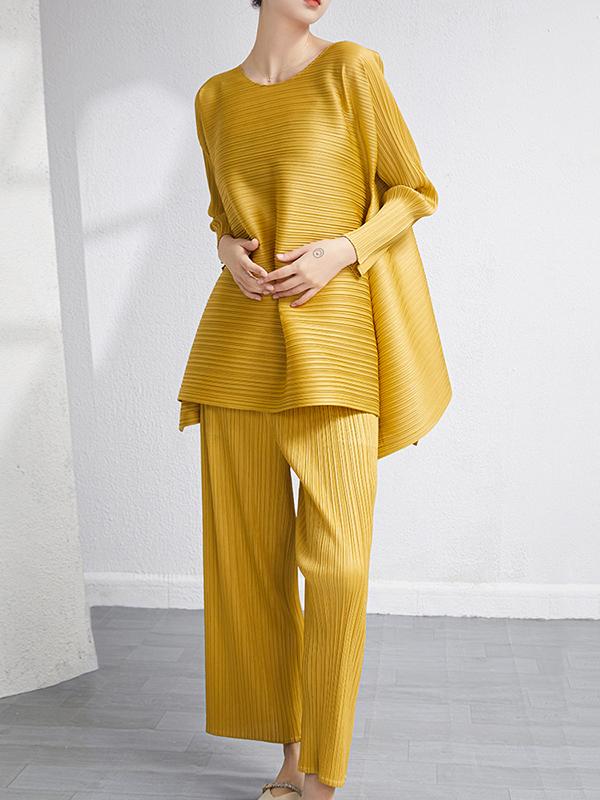 Loose Pleated Solid Color High-Low Round-Neck T-Shirts  + Pants Two Pieces Set Product Image