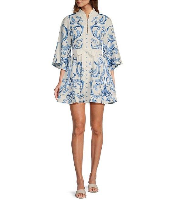 Mestiza New York Carmen Floral Print Mandarin Collar 3/4 Full Sleeve Tie-Waist Mini A-Line Dress Product Image