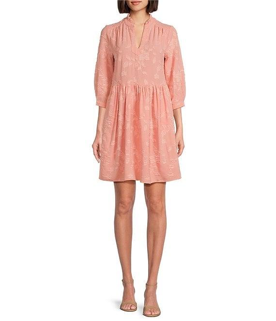 Leslie Fay Ruffle Neck 3/4 Sleeve Jacquard A-Line Dress Product Image