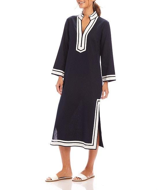 Karen Kane St. Tropez Mandarin Collar Split V-Neck Long Sleeve Midi Dress Product Image