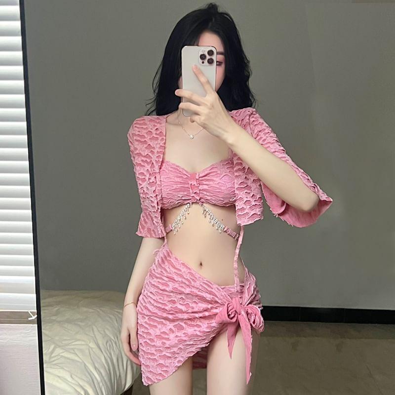 Set: Patterned Bikini Top + Bikini Bottom + Cover Up + Wrap Mini Skirt Product Image