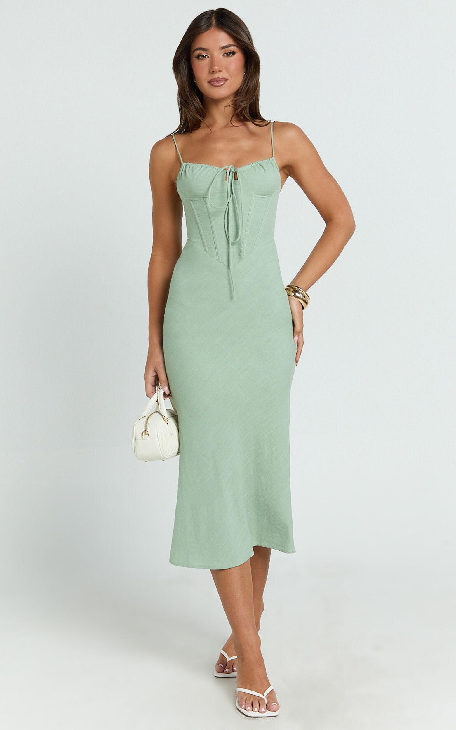 Mikayla Midi Dress - Linen Scoop Neck Ruched Bust Corset Waist Bias Skirt Dress in Sage Product Image