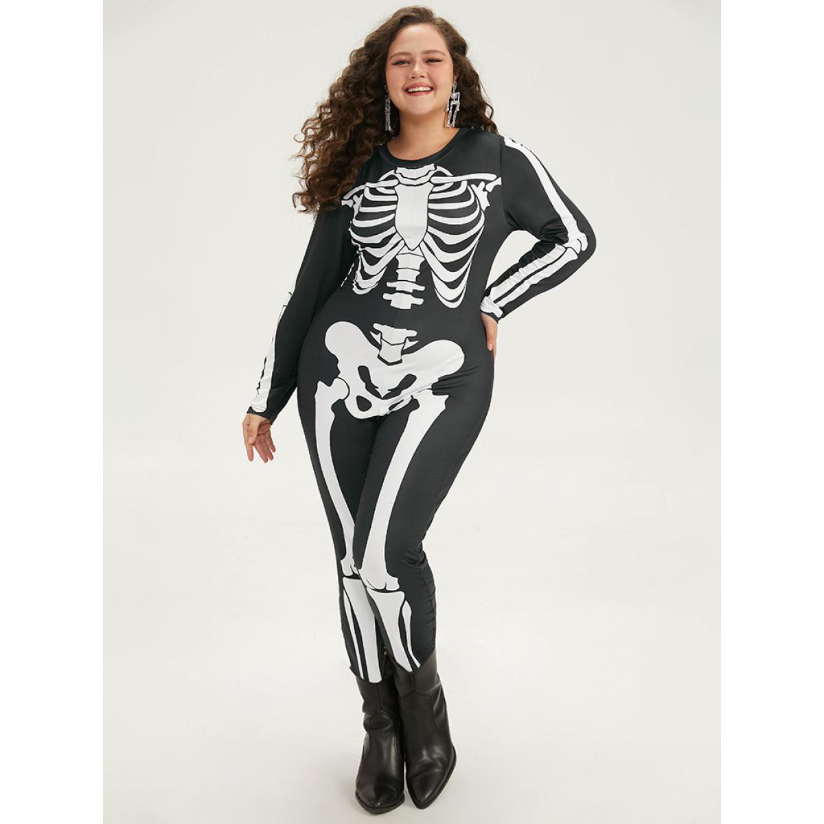 Plus Size Black Halloween Skull Print Skinny Crew Neck Jumpsuit Women Casual Long Sleeve Round Neck Festival-Halloween Loose Jumpsuits BloomChic 26/4X Product Image