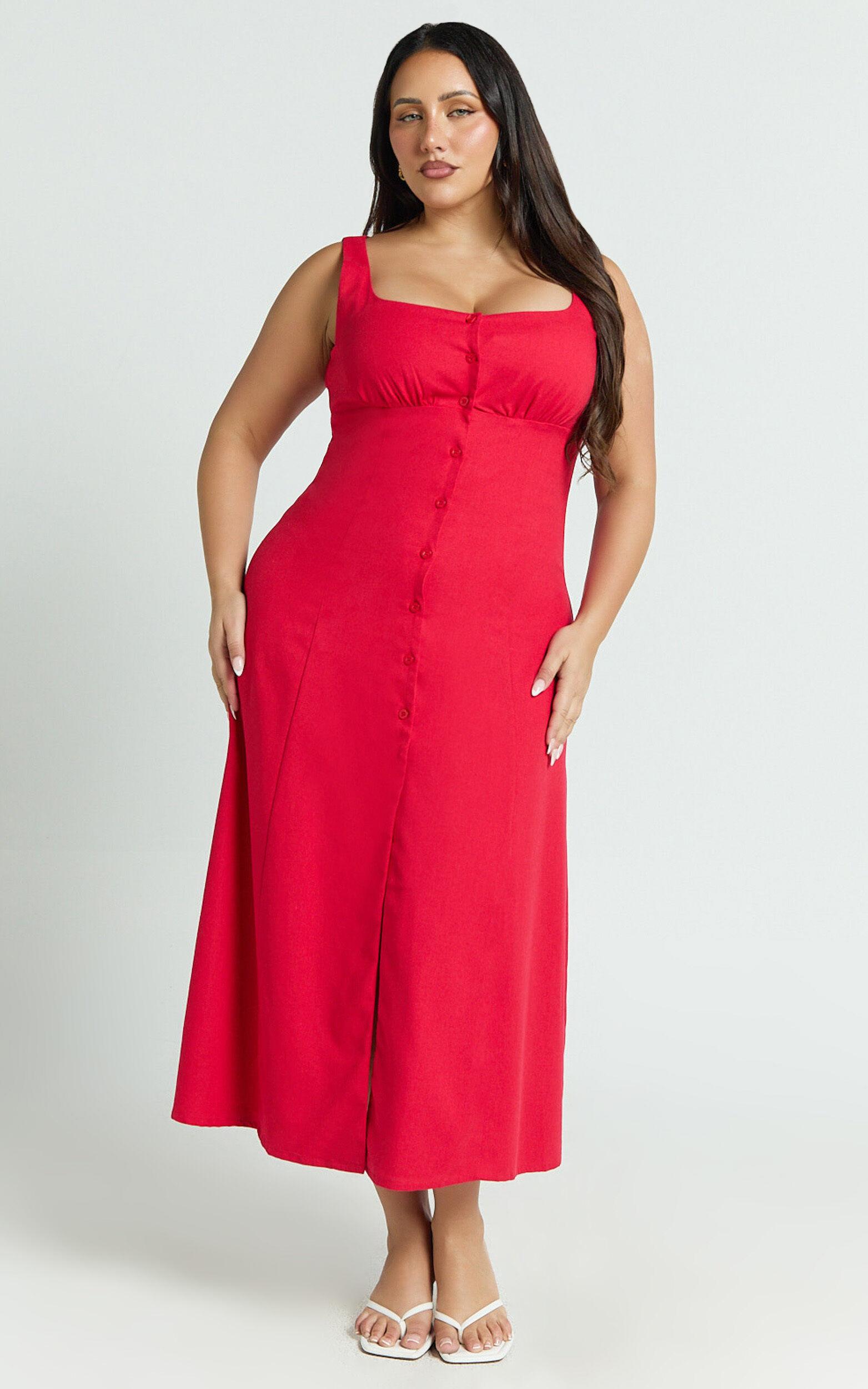 Cameron Midi Dress - Button Front Tie Back Dress in Red Product Image