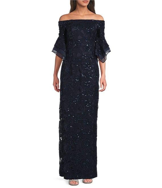 Adrianna Papell Sequin Lace Off-The-Shoulder Neck 3/4 Flutter Sleeve Column Gown Product Image