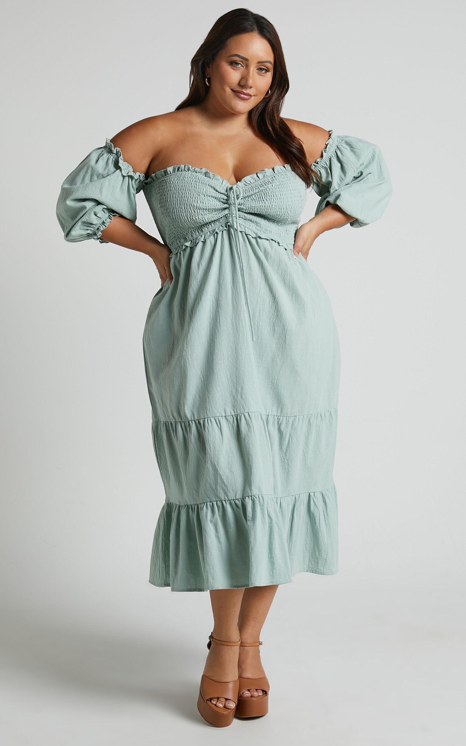 Nikka Midi Linen Blend Dress - Shirred Off Shoulder Puff Sleeve Dress in Sage Product Image