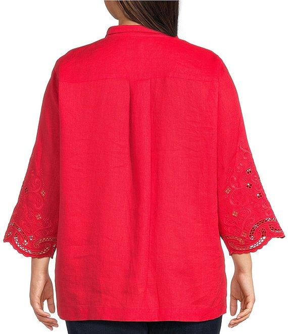 John Mark Plus Size Linen Wire Collar 3/4 Embroidered Eyelet Scallop Sleeve Button Front Shirt Product Image