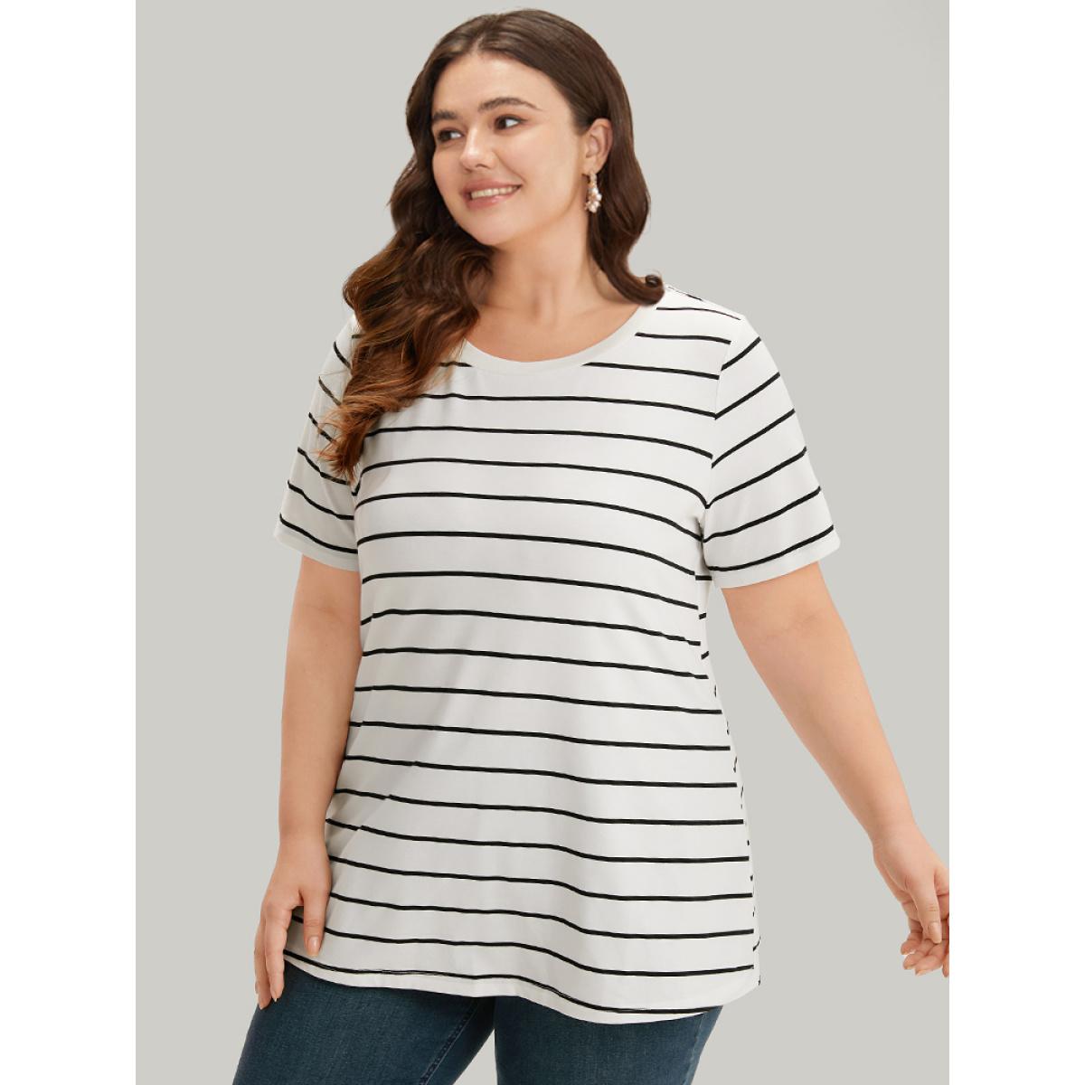 Plus Size Striped Print Round Neck T-shirt White Women Casual Contrast Striped Round Neck Dailywear T-shirts BloomChic 14-16/1X Product Image