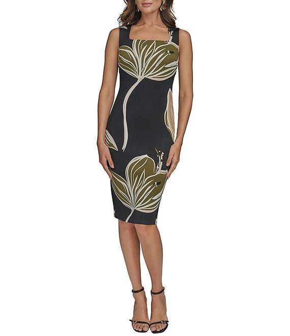 Donna Karan Square Neck Sleeveless Floral Print Sheath Dress Product Image
