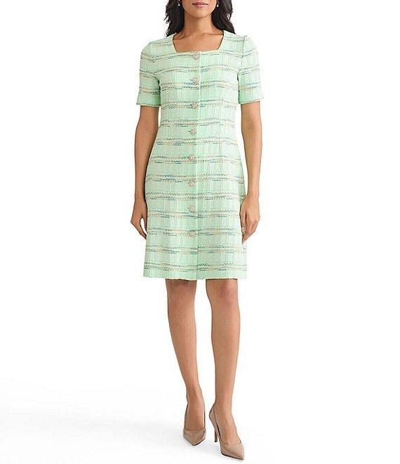 MISOOK Soft Plaid Knit Square Neck Short Sleeve A-Line Dress Product Image