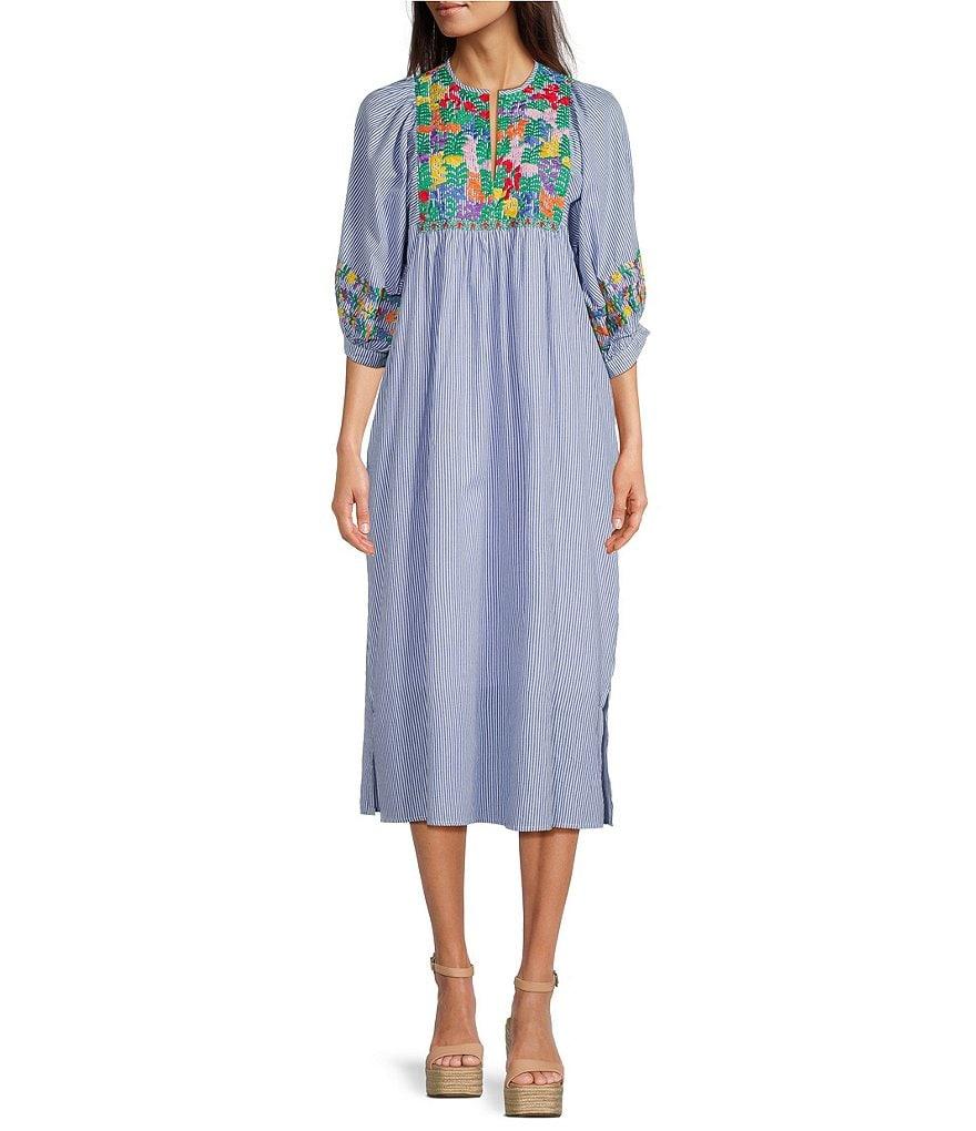 J.Marie Tristen Embroidered Side Slit Striped Pullover Midi Dress Product Image