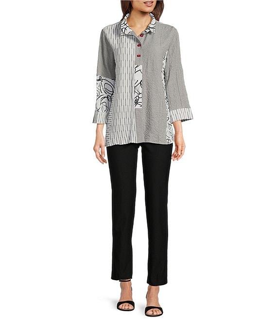 Ali Miles Pucker Mixed Print Wire Collar 3/4 Sleeve Button Front Tunic Product Image