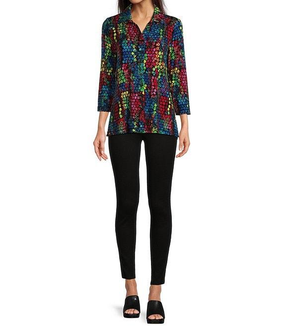 Ali Miles Knit Abstract Tile Print Point Collar 3/4 Sleeve Hi-Low Hem Button-Front Tunic Product Image