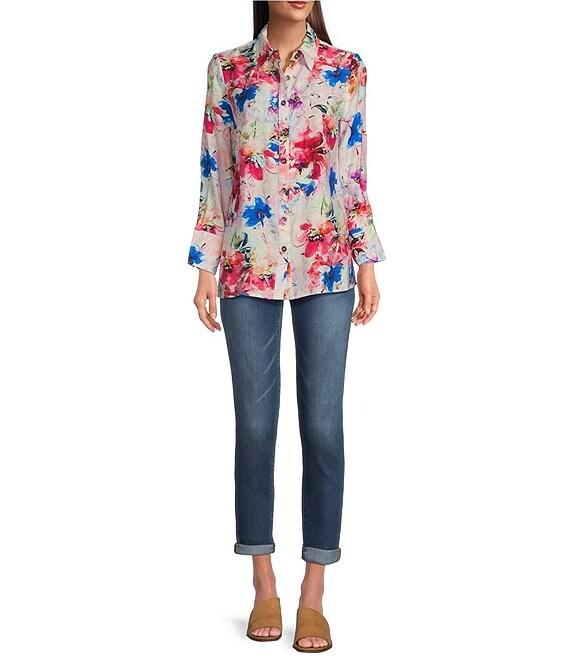 Calessa Petite Size Textured Crinkle Antique Abstract Print Point Collar Long Sleeve Button Front Blouse Product Image