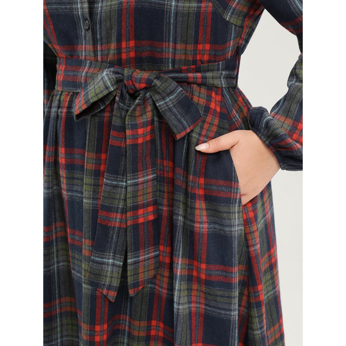 Plus Size Tartan Shirt Collar Lantern Sleeve Belted High Low Hem Dress Indigo Women Elegant Belted Shirt collar Long Sleeve Curvy Long Dress BloomChic 18-20/2X Product Image