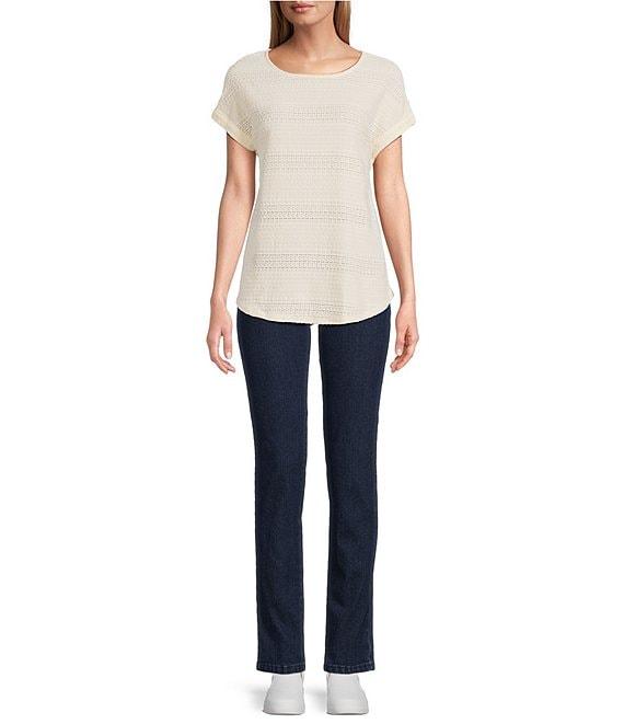 Ruby Rd. Crochet Knit Boat Neck Short Button Tab Sleeve Top Product Image